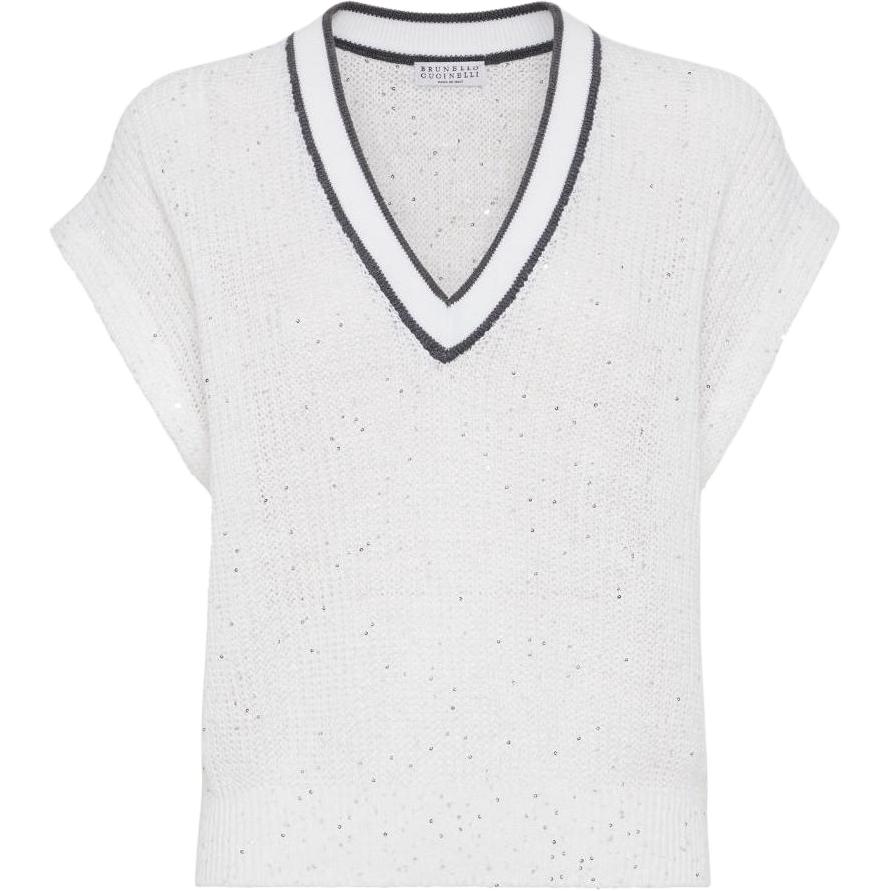 (Women) Brunello Cucinelli FW23  White Striped V-Neck Short-Sleeve Knit Top MCO555922-C159