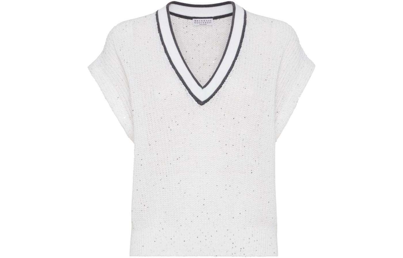 Order (W) ブルネッロクチネリ FW23 ホワイトストライプ Vネック半袖ニットトップ MCO555922-C159