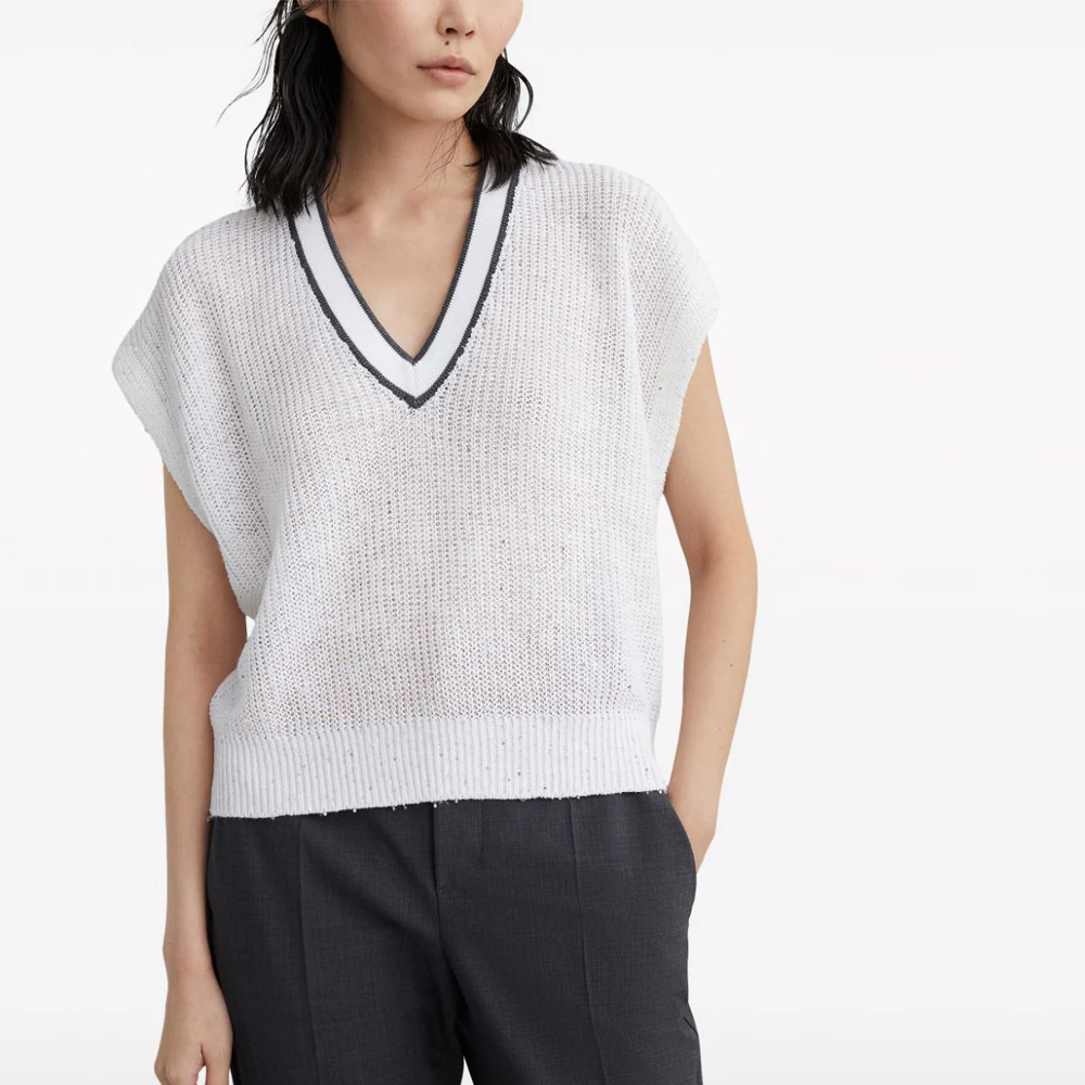 Lookbook (W) ブルネッロクチネリ FW23 ホワイトストライプ Vネック半袖ニットトップ MCO555922-C159