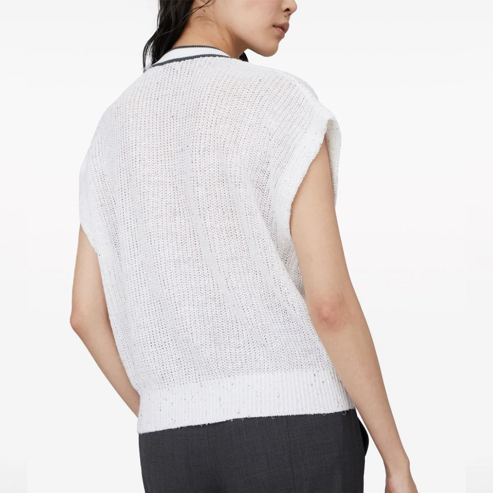 Shop (W) ブルネッロクチネリ FW23 ホワイトストライプ Vネック半袖ニットトップ MCO555922-C159