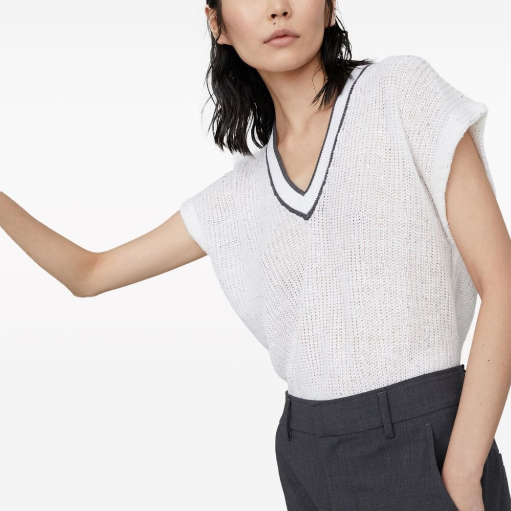 Purchase (W) ブルネッロクチネリ FW23 ホワイトストライプ Vネック半袖ニットトップ MCO555922-C159