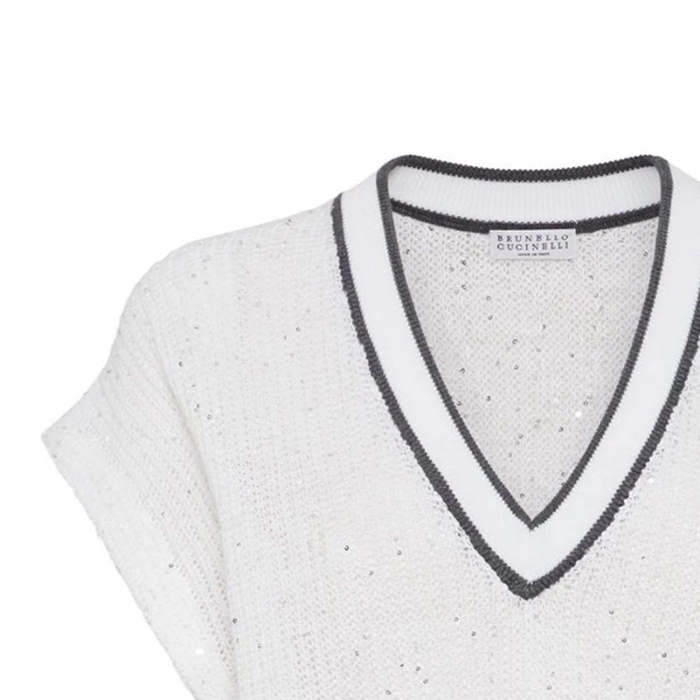 Details for (W) ブルネッロクチネリ FW23 ホワイトストライプ Vネック半袖ニットトップ MCO555922-C159