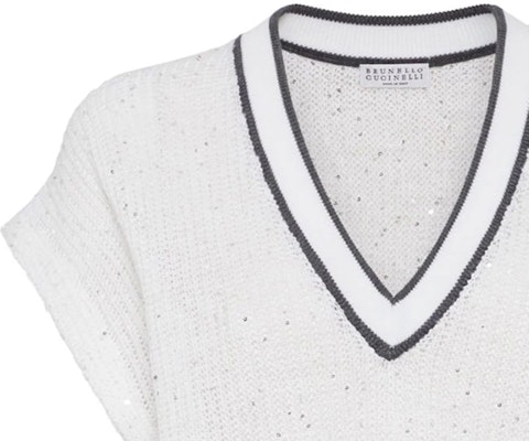 (W) ブルネッロクチネリ FW23 ホワイトストライプ Vネック半袖ニットトップ MCO555922-C159 Details for (W) ブルネッロクチネリ FW23 ホワイトストライプ Vネック半袖ニットトップ MCO555922-C159