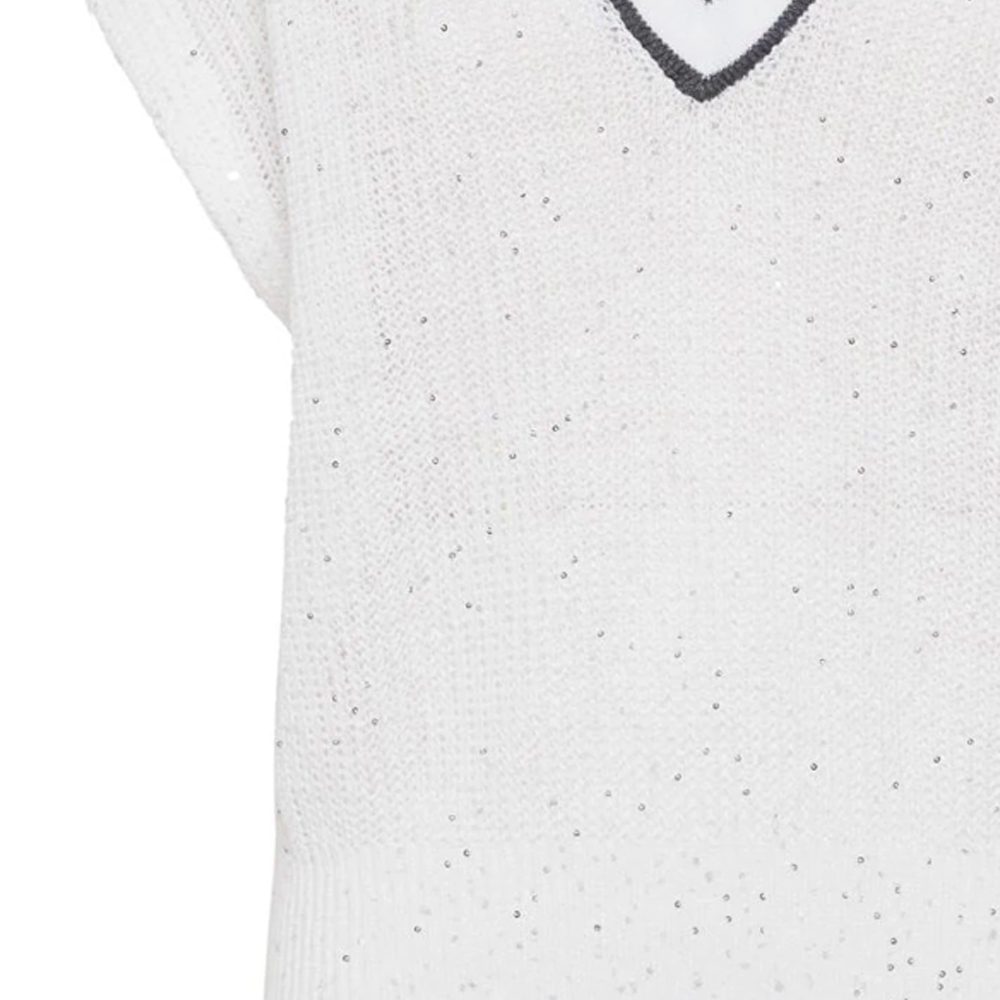 Sizing (W) ブルネッロクチネリ FW23 ホワイトストライプ Vネック半袖ニットトップ MCO555922-C159