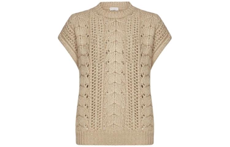 (Women) Brunello Cucinelli FW23 Beige Hollow-Out Knit Pullover Short Sleeve Top Women. M5D322110-C9509