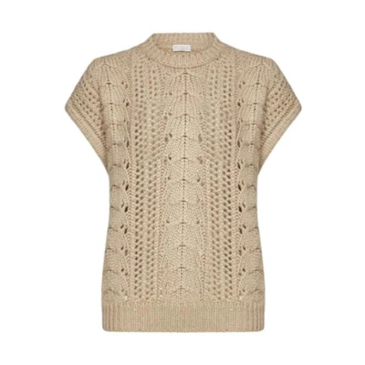 (Women) Brunello Cucinelli FW23 Beige Hollow-Out Knit Pullover Short Sleeve Top Women. M5D322110-C9509