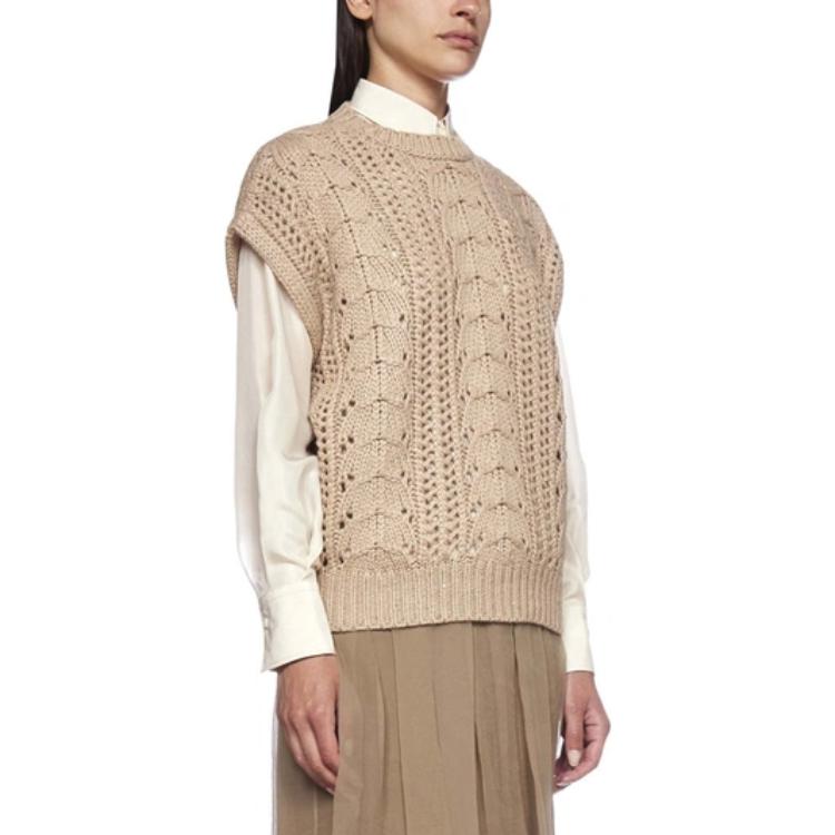 Shop (W) 브루넬로 쿠치넬리 FW23 베이지 니트 반팔 풀오버 여성용. M5D322110-C9509