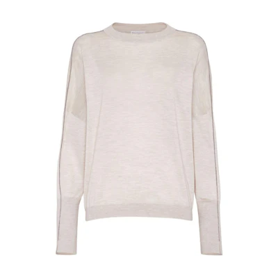 (Women) Brunello Cucinelli FW24 Beige Chain Detail Crewneck Long Sleeve Sweater M13834700-C9276