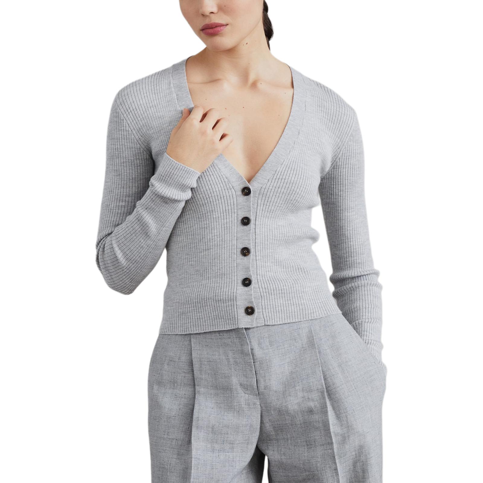 (Women) Brunello Cucinelli FW24  Grey V-Neck Ribbed Knit Sweater. MLV110206-C072