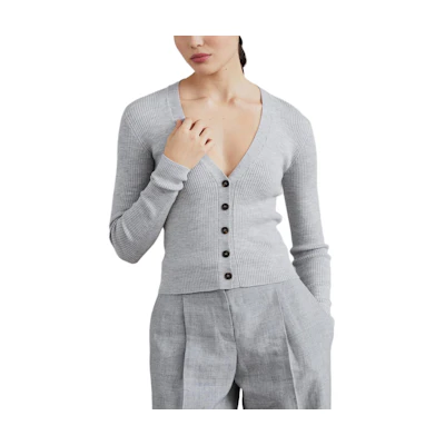(Women) Brunello Cucinelli FW24 Grey V-Neck Ribbed Knit Sweater. MLV110206-C072