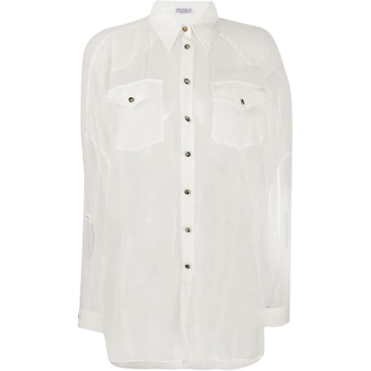 (Women) Brunello Cucinelli SS22  Sheer Long Sleeve White Sunscreen Shirt. MF940NV706-C600