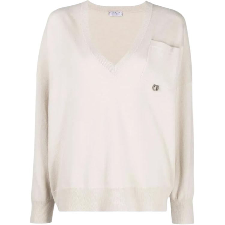 (Women) Brunello Cucinelli SS22  V-Neck Knit Pullover Sweater Light Brown M16127302-CN058