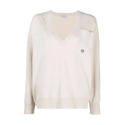 (Women) Brunello Cucinelli SS22 V-Neck Knit Pullover Sweater Light Brown M16127302-CN058