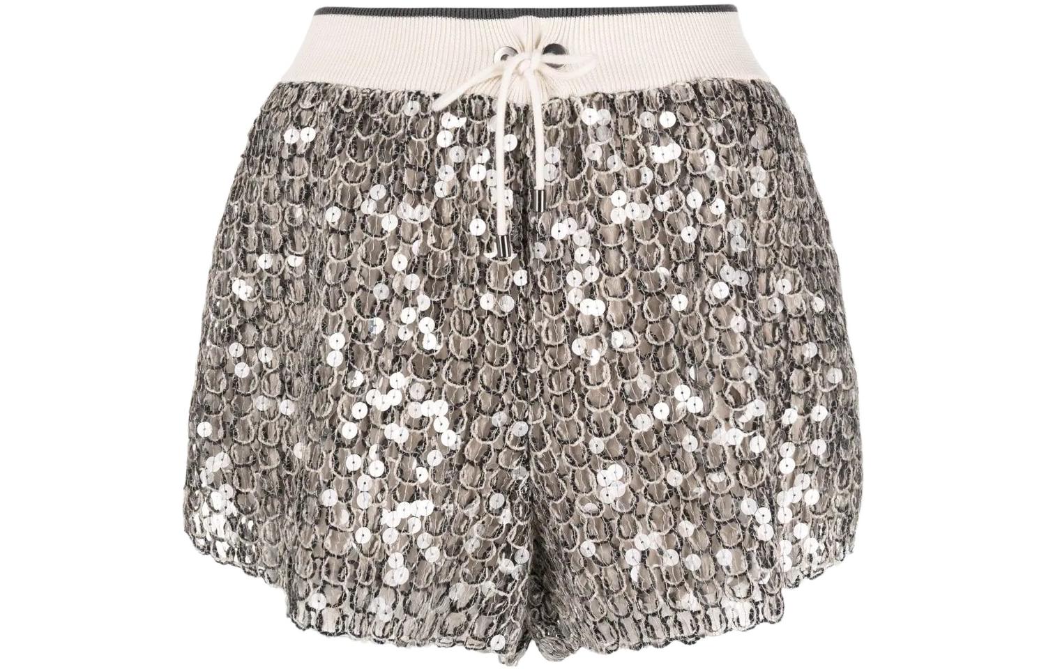 (Women) Brunello Cucinelli SS22 Grey Sequin Lace-Up Casual Shorts M3YR02589CPA46
