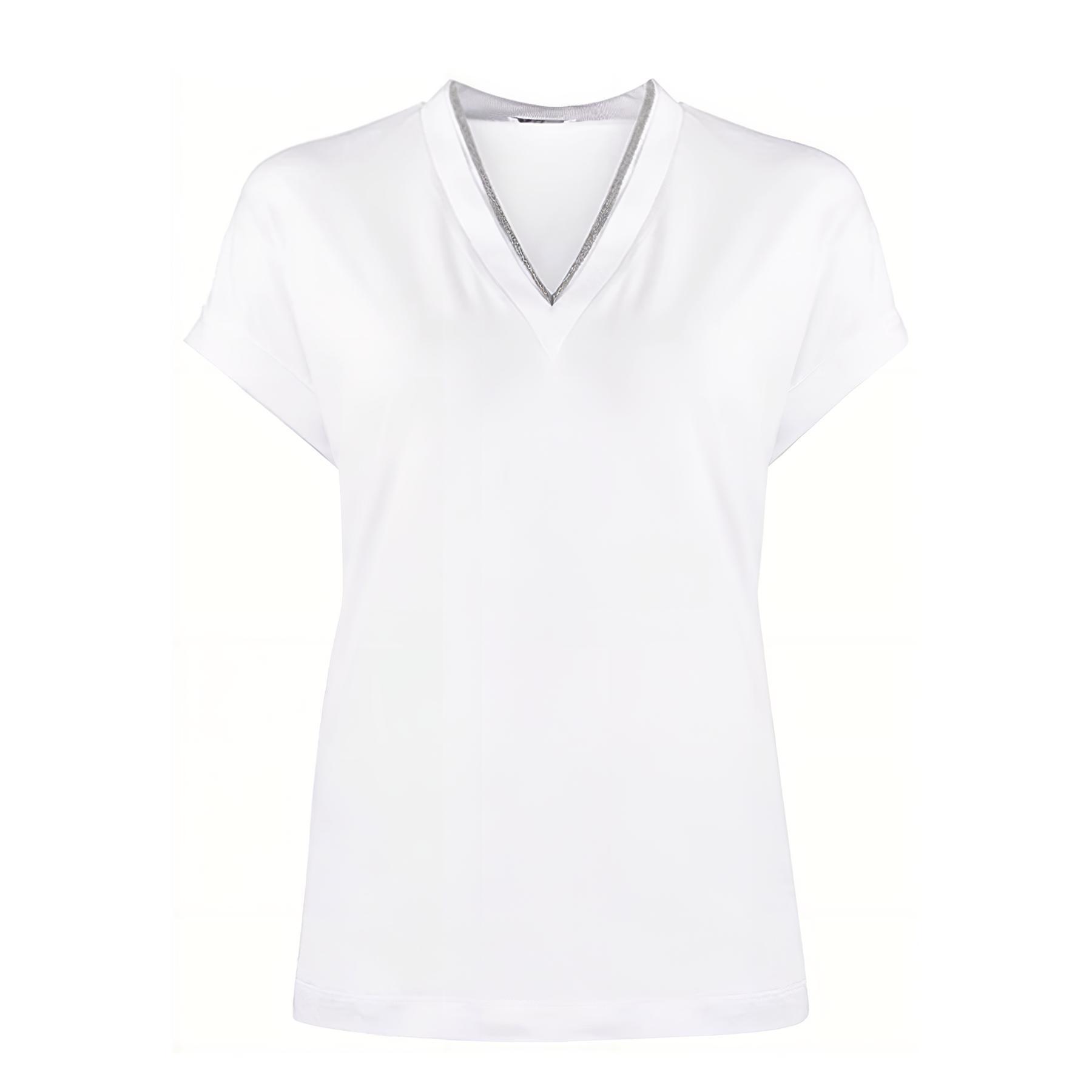 (Women) Brunello Cucinelli SS22 Metallic-Trim V-Neck Short Sleeve  T-Shirt White M0T18BD222-C159