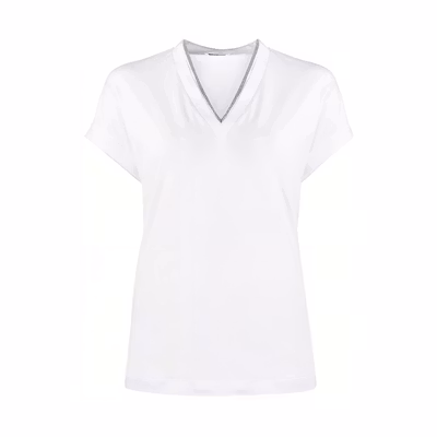 (Women) Brunello Cucinelli SS22 Metallic-Trim V-Neck Short Sleeve T-Shirt White M0T18BD222-C159