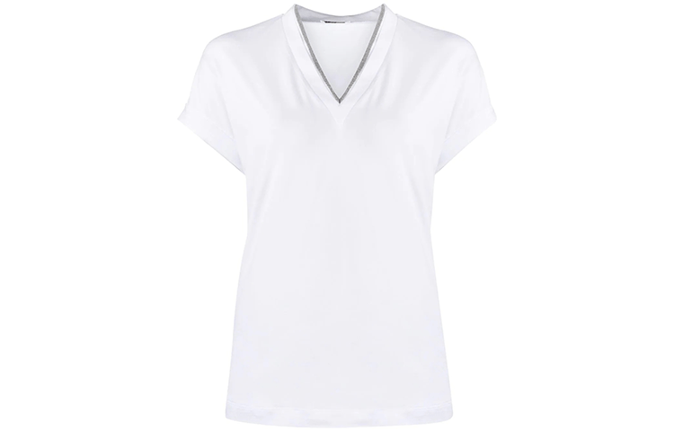 Order (W) Brunello Cucinelli SS22 金屬飾邊V領短袖T恤 白色 M0T18BD222-C159