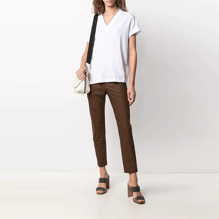 Lookbook (W) Brunello Cucinelli SS22 金屬飾邊V領短袖T恤 白色 M0T18BD222-C159