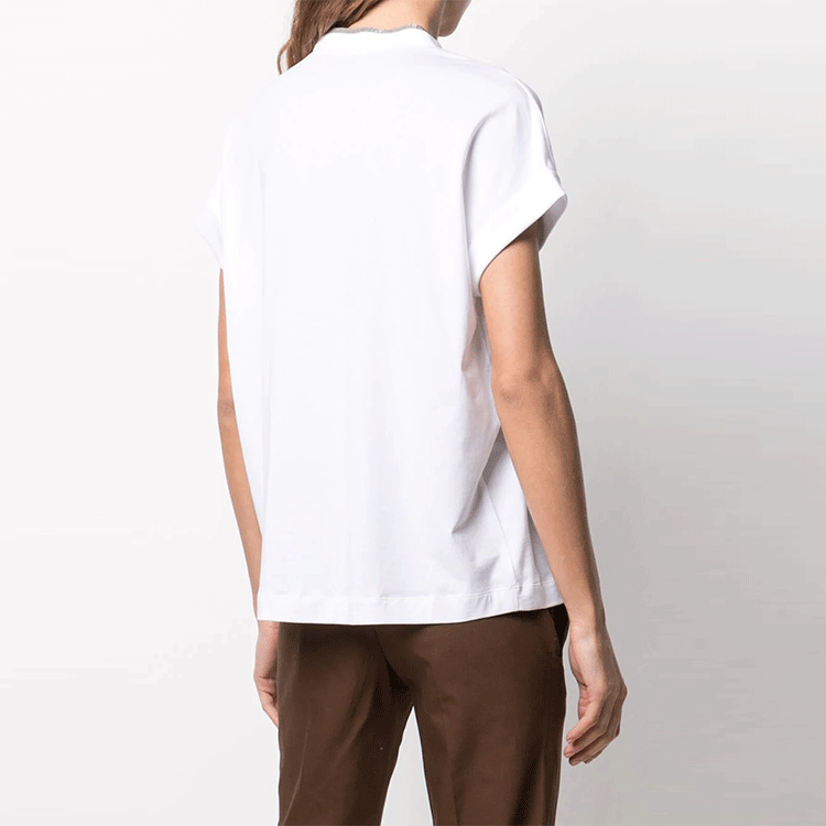Shop (W) Brunello Cucinelli SS22 金屬飾邊V領短袖T恤 白色 M0T18BD222-C159