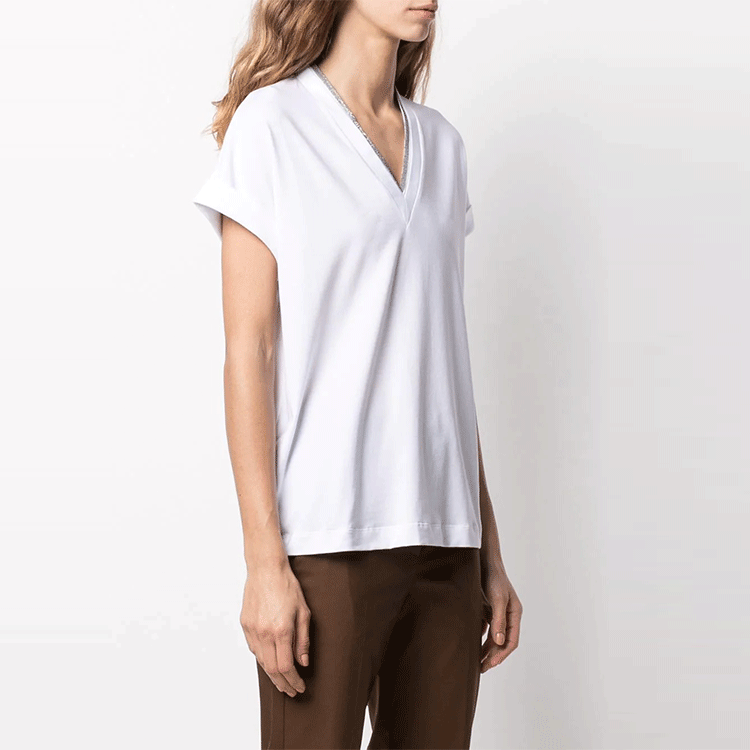 Purchase (W) Brunello Cucinelli SS22 金屬飾邊V領短袖T恤 白色 M0T18BD222-C159