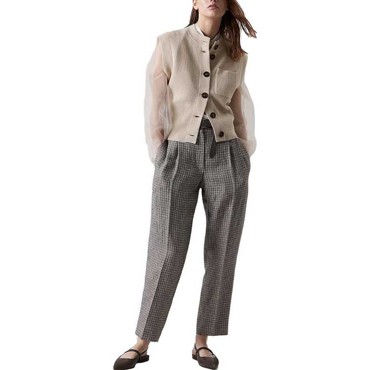 Shop (W) Brunello Cucinelli SS23 千鳥格紋輕鬆長褲 烟草棕 MD547P8292-C825