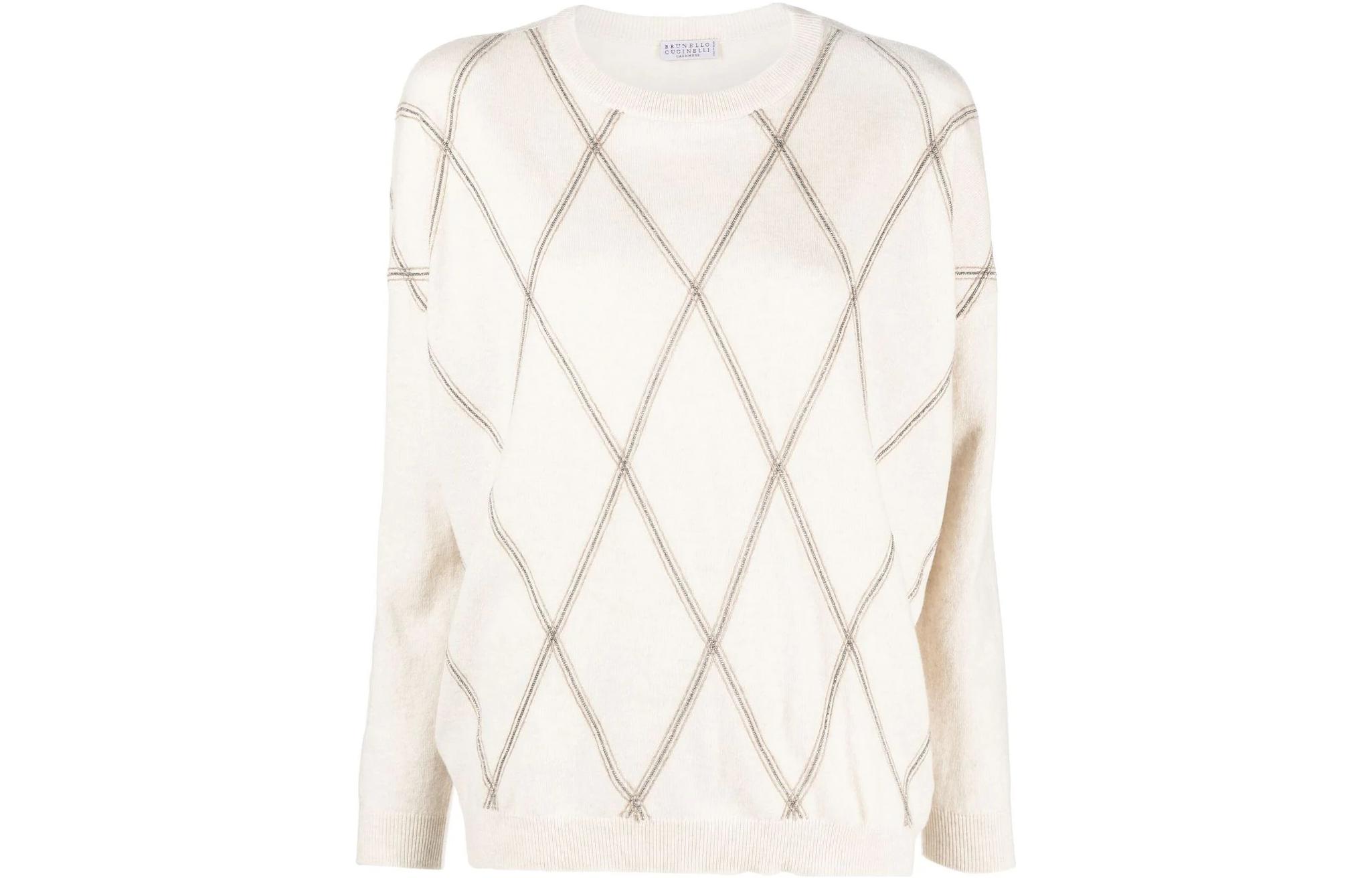 (Women) Brunello Cucinelli SS23  Striped Print Beige Crewneck Sweater. M16188700-C9575