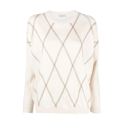 (Women) Brunello Cucinelli SS23 Striped Print Beige Crewneck Sweater. M16188700-C9575