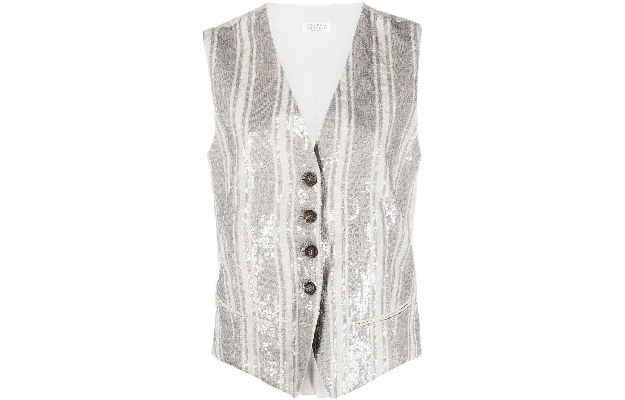 (Women) Brunello Cucinelli SS23  Striped Sequin V-Neck Vest in Cool Gray. MH577SX806-C045