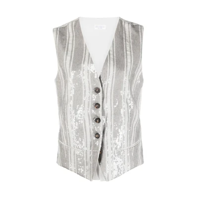 (Women) Brunello Cucinelli SS23 Striped Sequin V-Neck Vest in Cool Gray. MH577SX806-C045