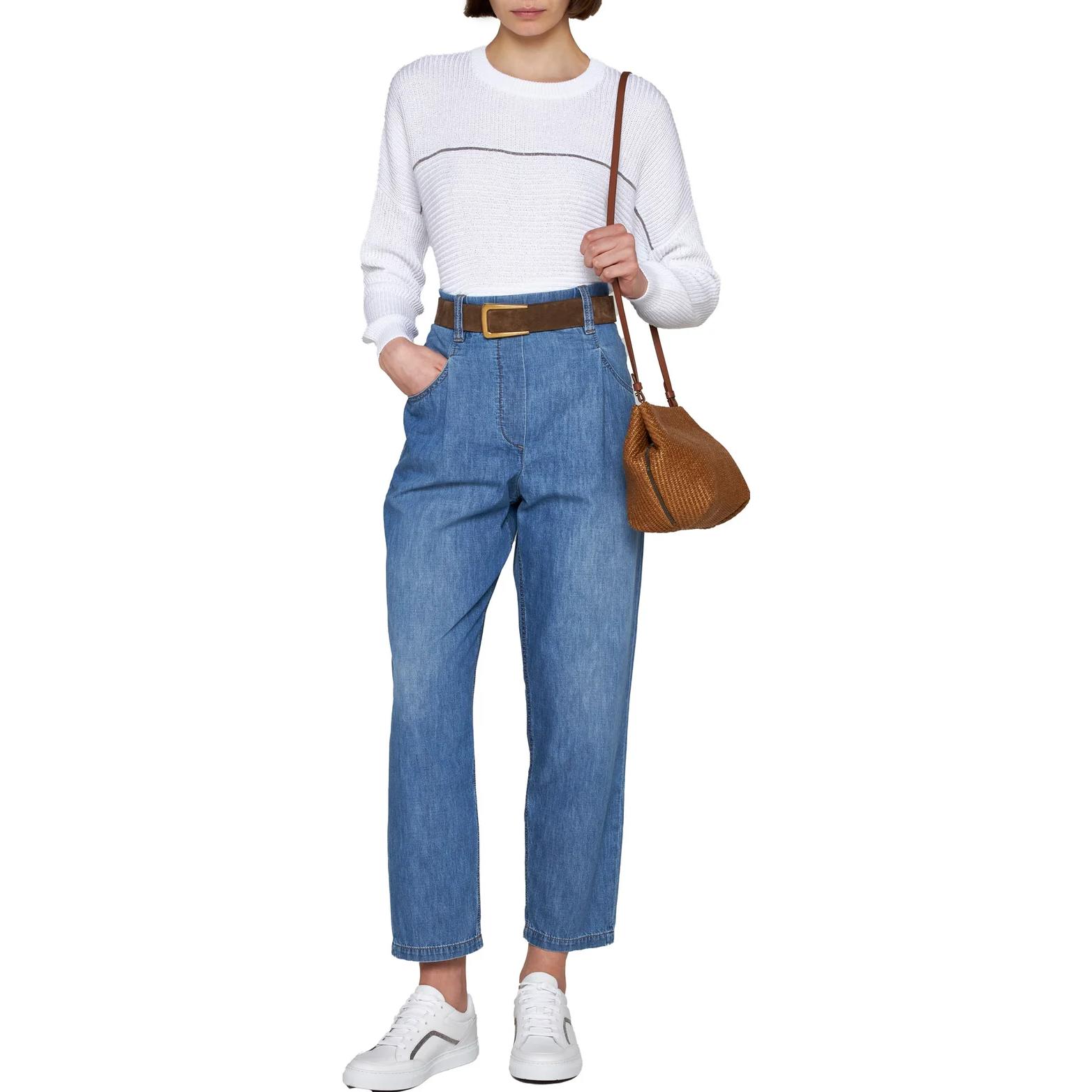 Lookbook (W) Brunello Cucinelli SS23 白色圓領短版針織衫。 M78763800-C159