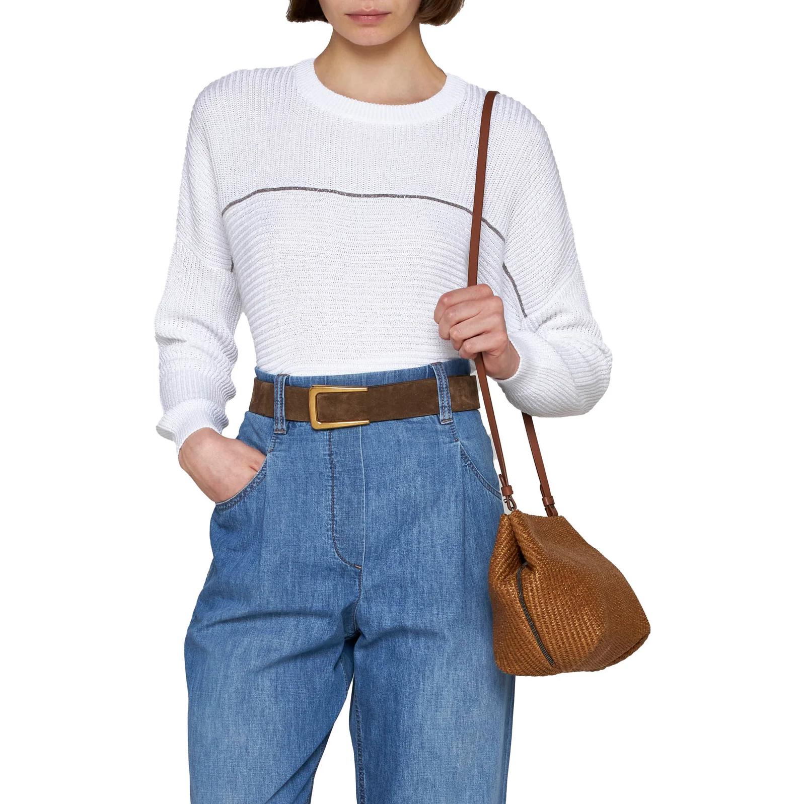 Shop (W) Brunello Cucinelli SS23 白色圓領短版針織衫。 M78763800-C159