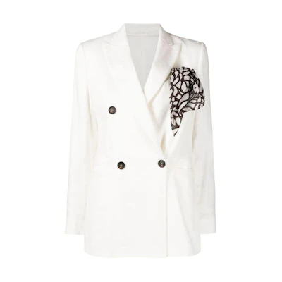 (Women) Brunello Cucinelli SS23 White Double-Breasted Woven Blazer Jacket. MF5912440-C600