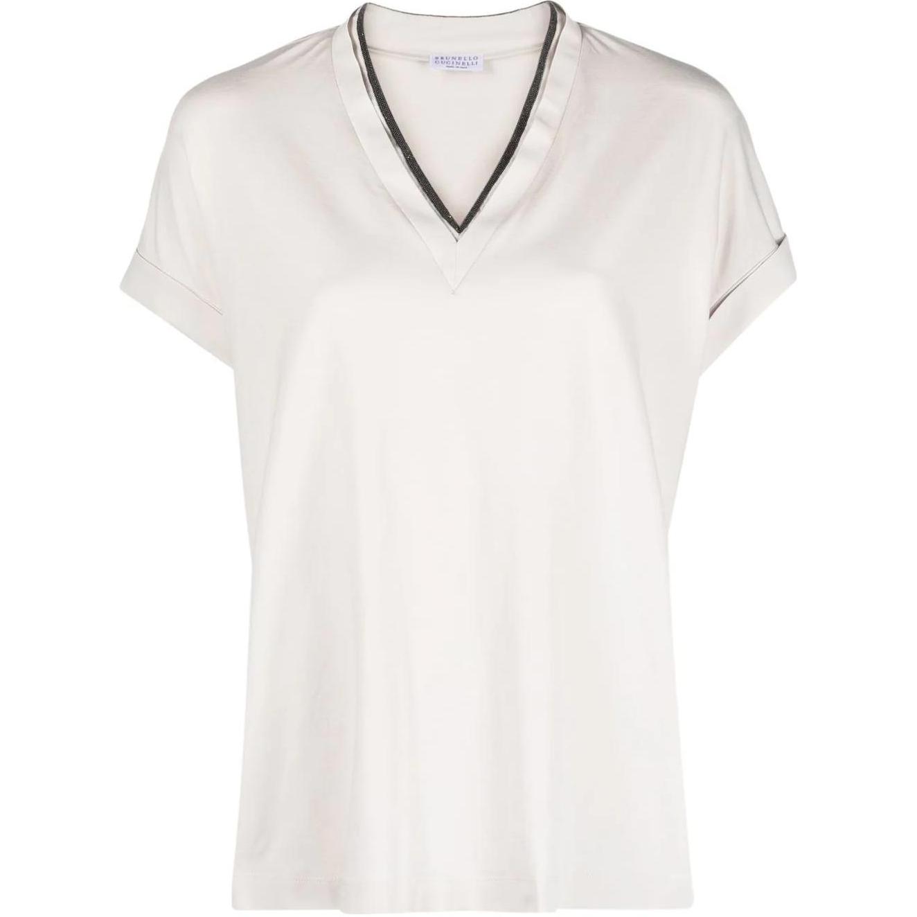 (Women) Brunello Cucinelli SS23 V-Neck Trim Short-Sleeve T-Shirt Women White. M0T18BD222-C8726
