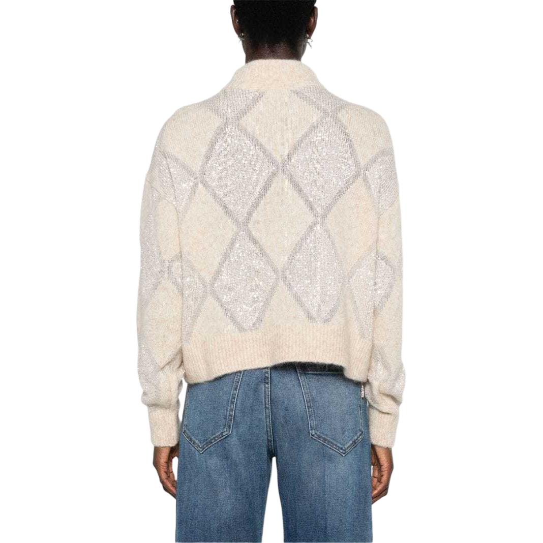 Shop (W) Brunello Cucinelli SS24 米色亮片菱格寬鬆高領毛衣 MCM518804-CQK82