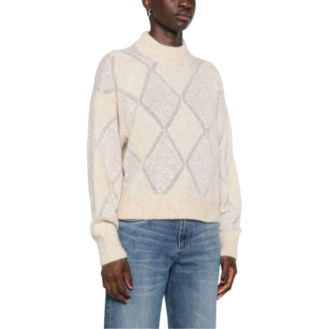 Purchase (W) Brunello Cucinelli SS24 米色亮片菱格寬鬆高領毛衣 MCM518804-CQK82