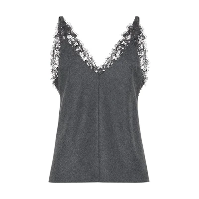 (Women) Brunello Cucinelli SS24 Floral Lace V-neck Knit Vest in Dark Grey. MD588TR25-C032
