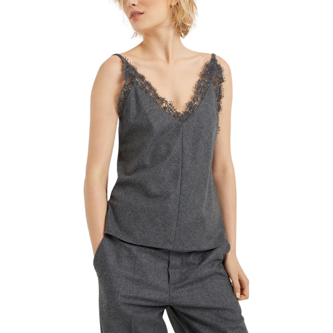 Lookbook (W) Brunello Cucinelli SS24 深灰花卉蕾絲V領針織背心. MD588TR25-C032