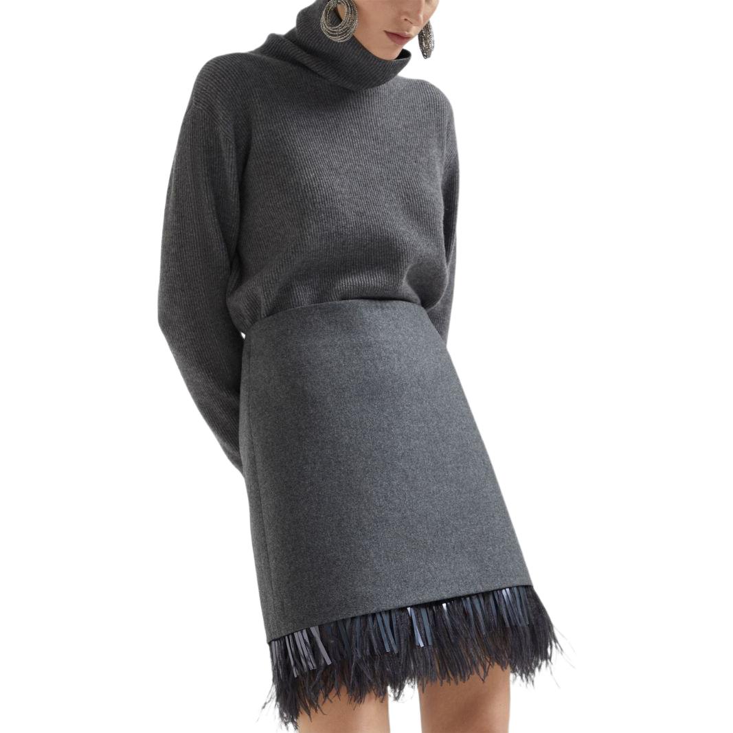 Purchase (W) Brunello Cucinelli SS24 灰色羽毛裝飾拉鍊休閒裙 MD588G3702-C032