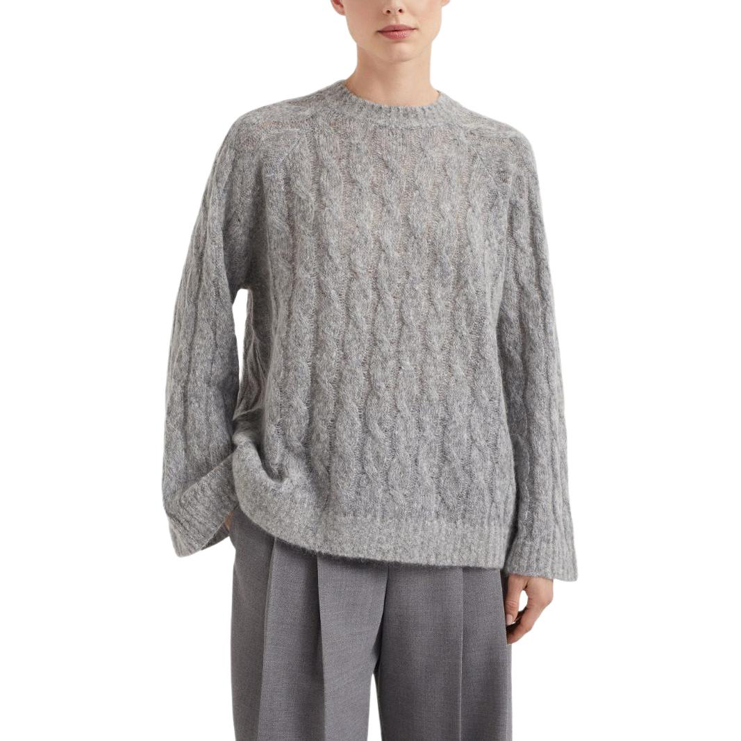 Lookbook (W) Brunello Cucinelli SS24 灰色純色圓領針織毛衣。 MHM523610