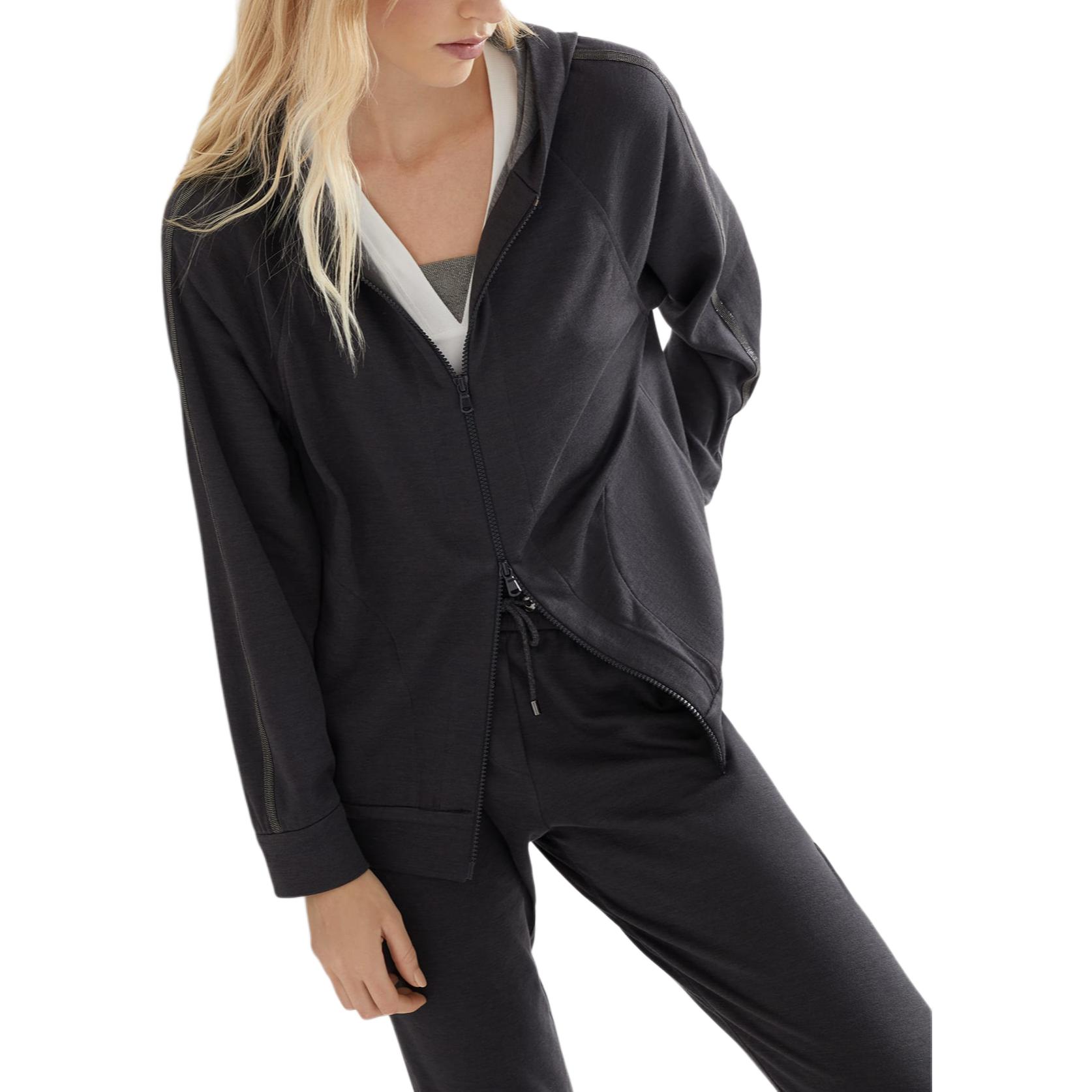 Shop (W) Brunello Cucinelli SS24 灰色條紋長袖連帽外套。 MD828SM606-C8247