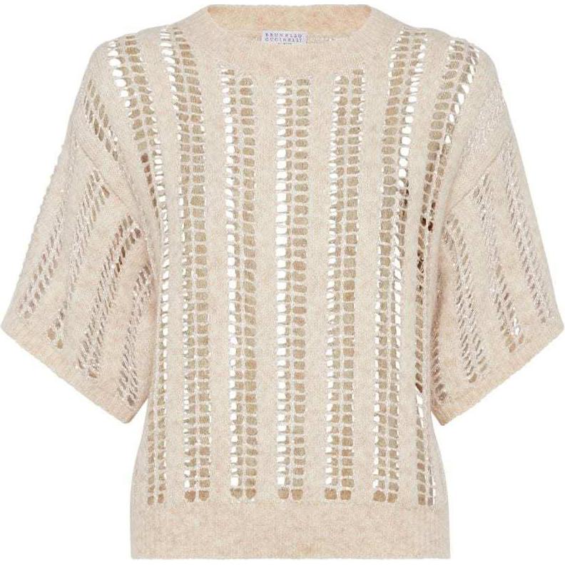 (Women) Brunello Cucinelli SS24  Loose Knit Short Sleeve Top Light Beige. MCM510600