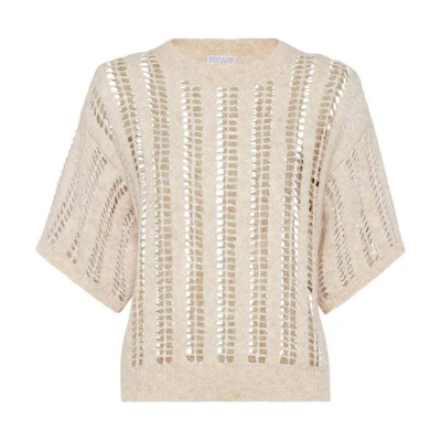 (Women) Brunello Cucinelli SS24 Loose Knit Short Sleeve Top Light Beige. MCM510600