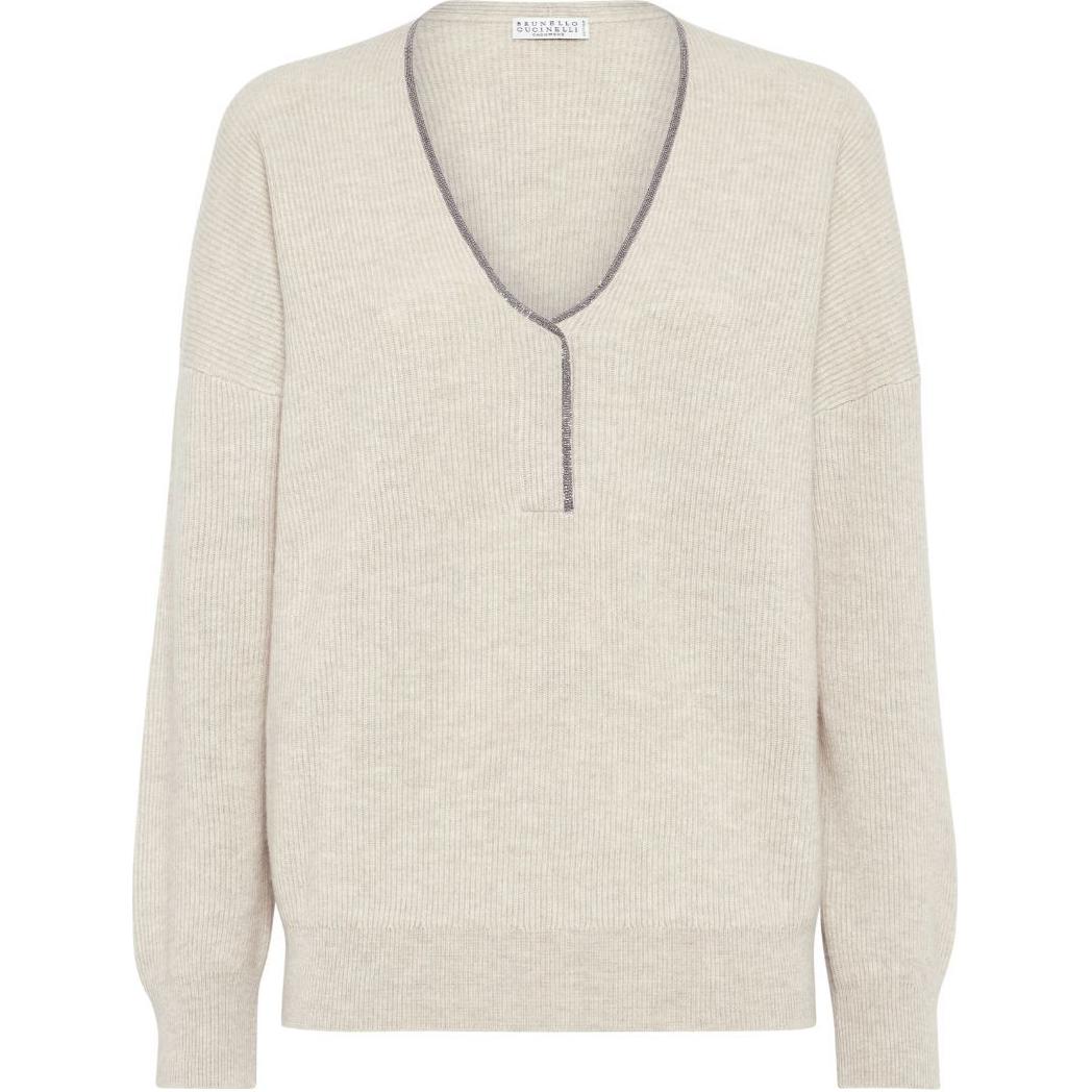 (Women) Brunello Cucinelli SS24  Ribbed V-Neck Pullover Sweater Light Beige. M12192112-C9613