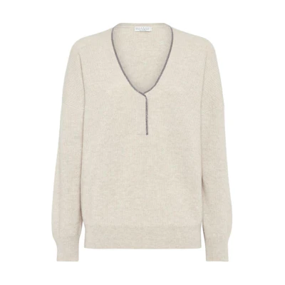 (Women) Brunello Cucinelli SS24 Ribbed V-Neck Pullover Sweater Light Beige. M12192112-C9613