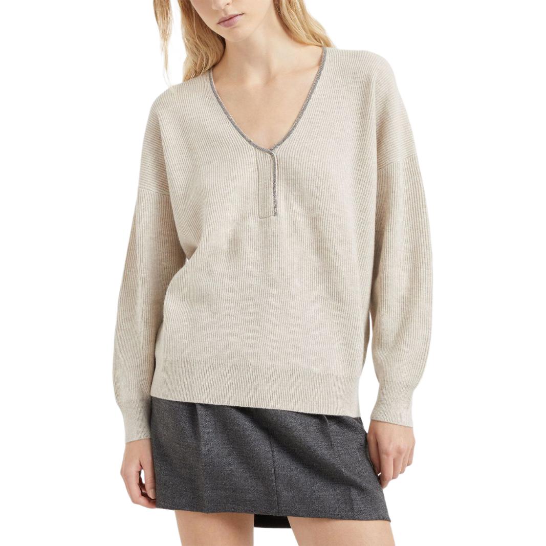 Lookbook (W) Brunello Cucinelli SS24 米色羅紋V領毛衣長袖上衣. M12192112-C9613