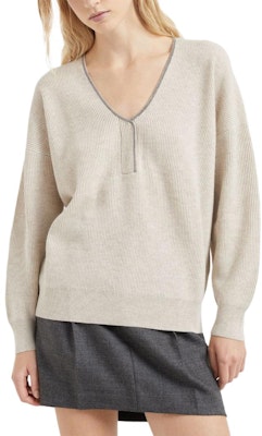 (W) Brunello Cucinelli SS24 米色羅紋V領毛衣長袖上衣. M12192112-C9613 Lookbook (W) Brunello Cucinelli SS24 米色羅紋V領毛衣長袖上衣. M12192112-C9613