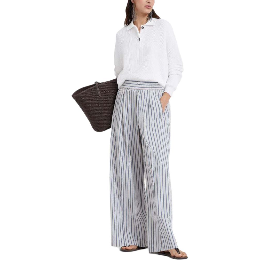 Lookbook (W) Brunello Cucinelli SS24 條紋寬褲鬆緊腰長褲 米白色 MH564P8531C004
