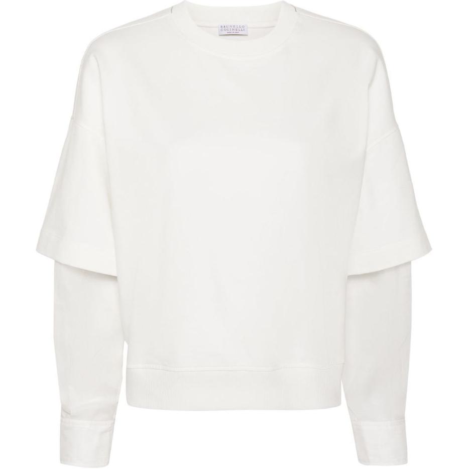 (Women) Brunello Cucinelli SS24  White Relaxed Fit Layered Long-Sleeve Sweatshirt. MP827HP500