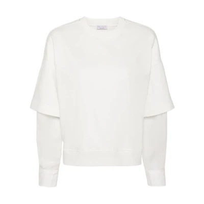 (Women) Brunello Cucinelli SS24 White Relaxed Fit Layered Long-Sleeve Sweatshirt. MP827HP500