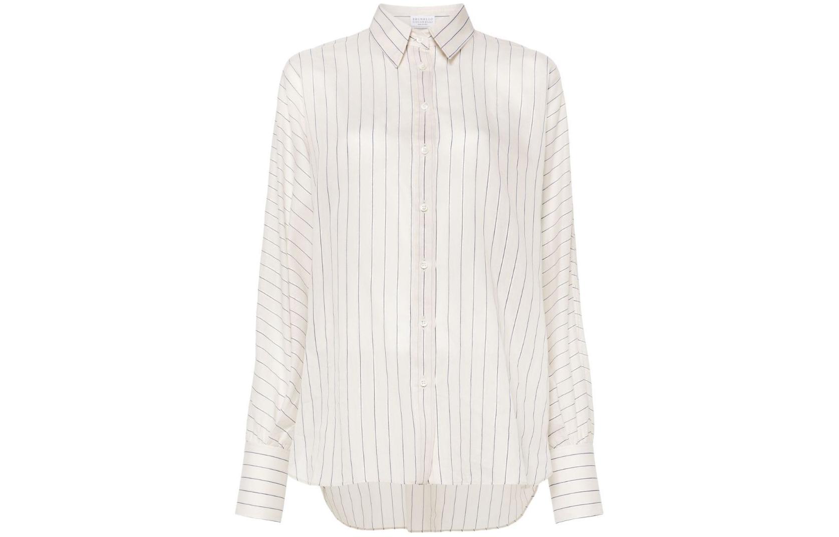 (Women) Brunello Cucinelli SS24  White Striped Print Loose Fit Button-Up Shirt. MH776MG206-C044
